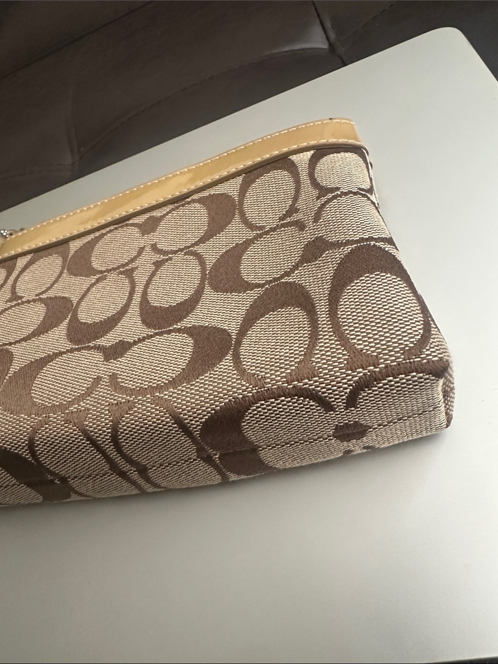 Coach Signature Canvas Wristlet with Tan Patent Leather Trim - Picture 7 of 10